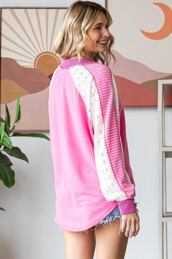 Pink Color Block V Neck Bishop Long Sleeve Top