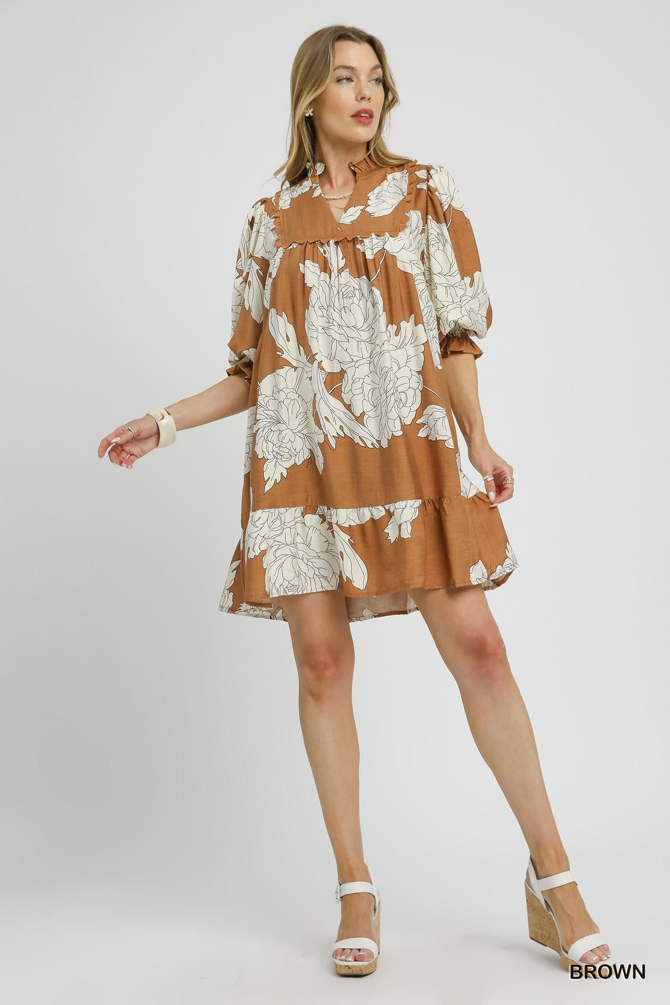 Brown Floral Tiered Babydoll Dress by Umgee