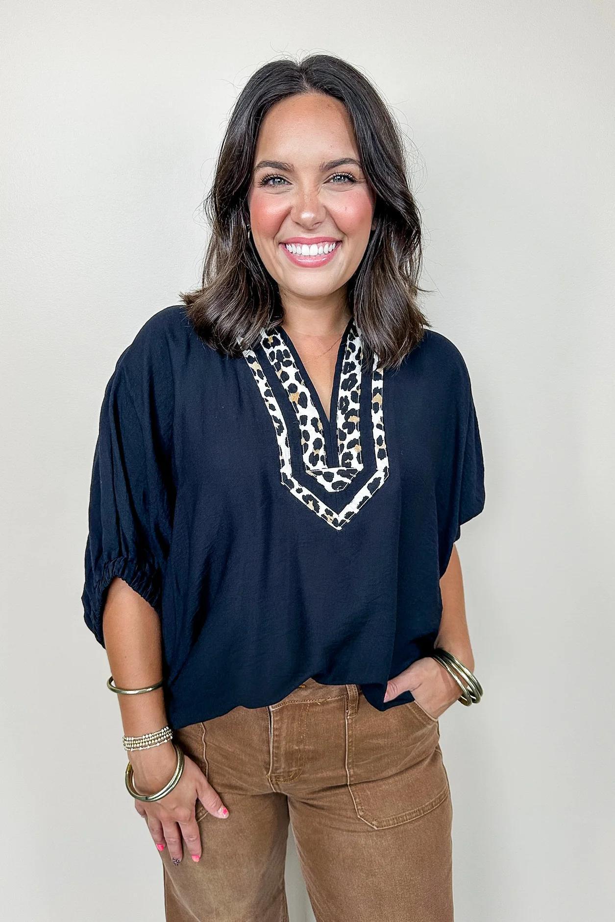 Black Dolman Top featuring Leopard Print Accent Trim by Entro