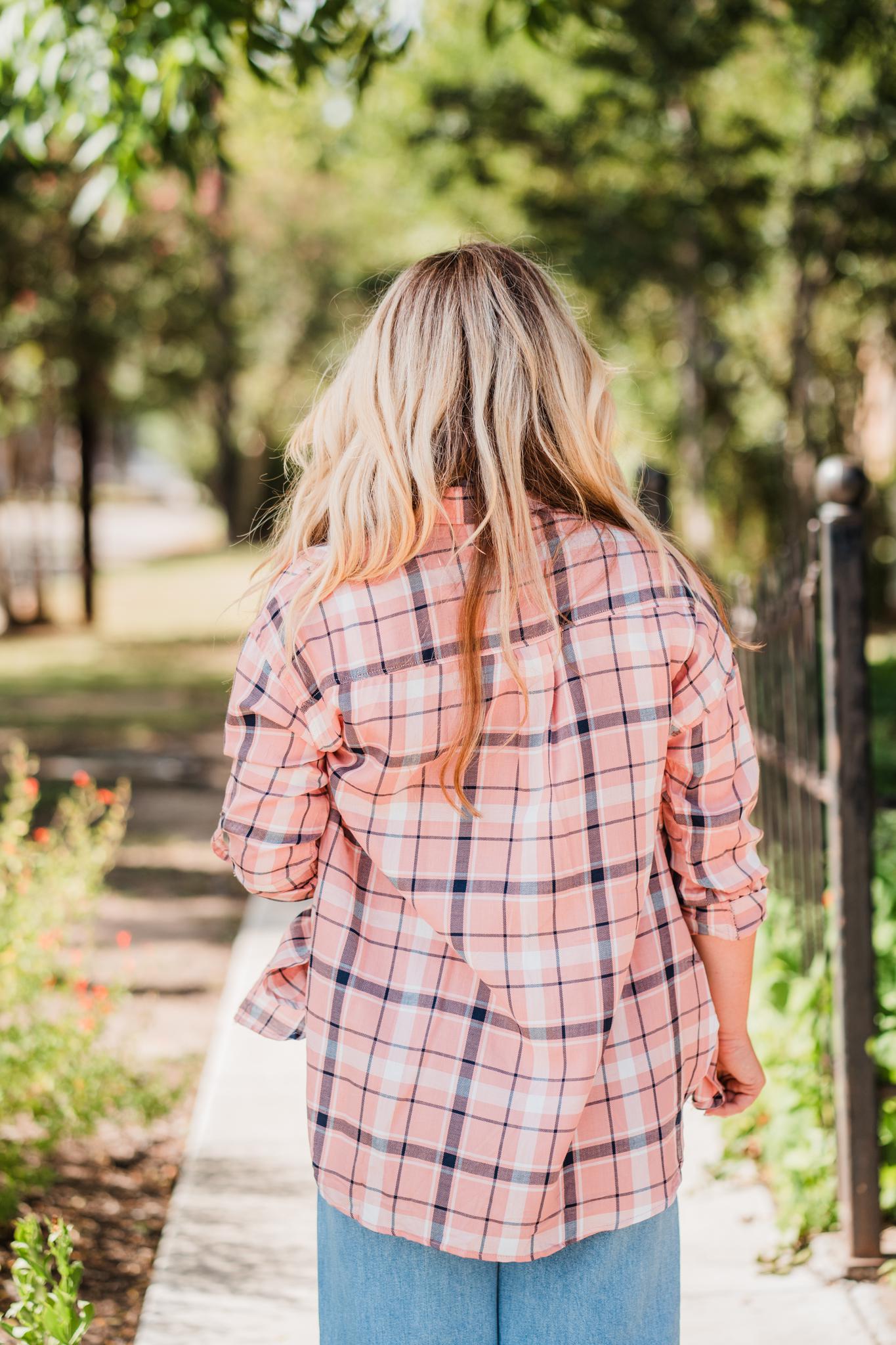 Peach And Navy Lightweight Plaid Button Shirt