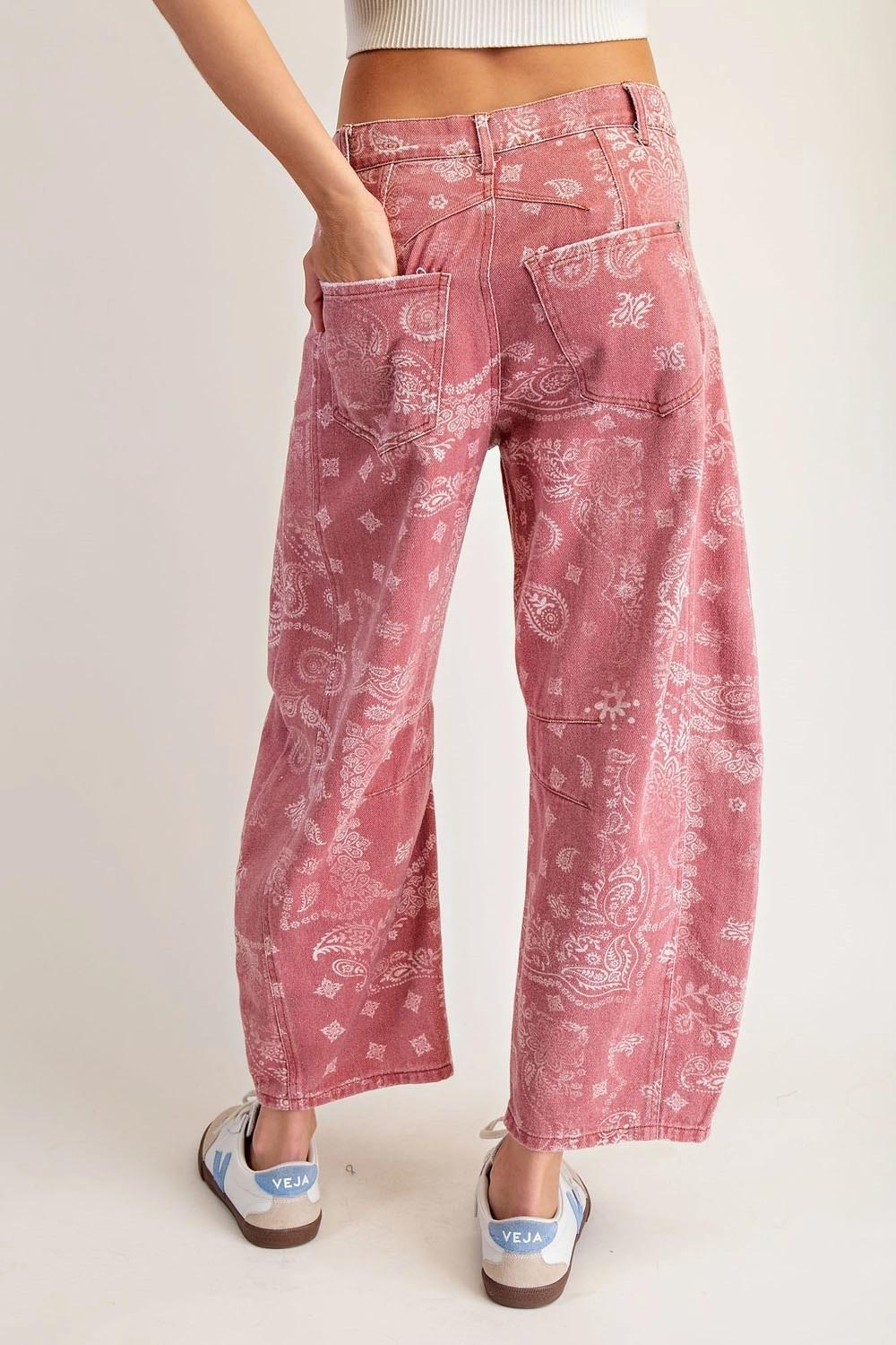 Dusty Rose Bandana Mineral Washed Paisley Printed Barrel Jeans by ee:some