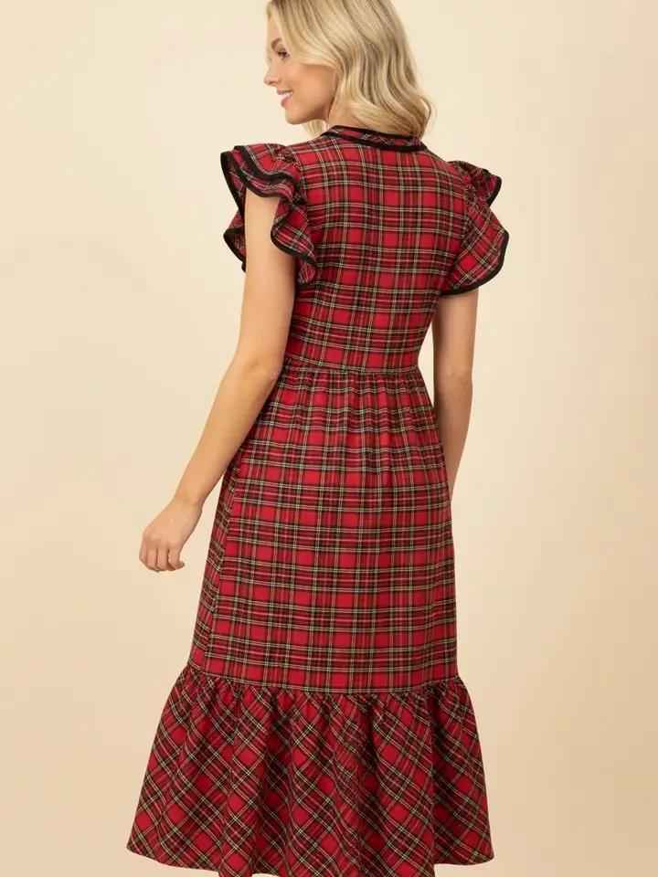 Red Plaid Ruffle Sleeve Tiered Midi Dress