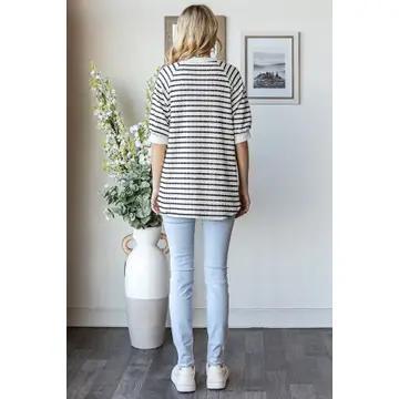 Navy Striped Textured V-Seam Short Sleeve Top