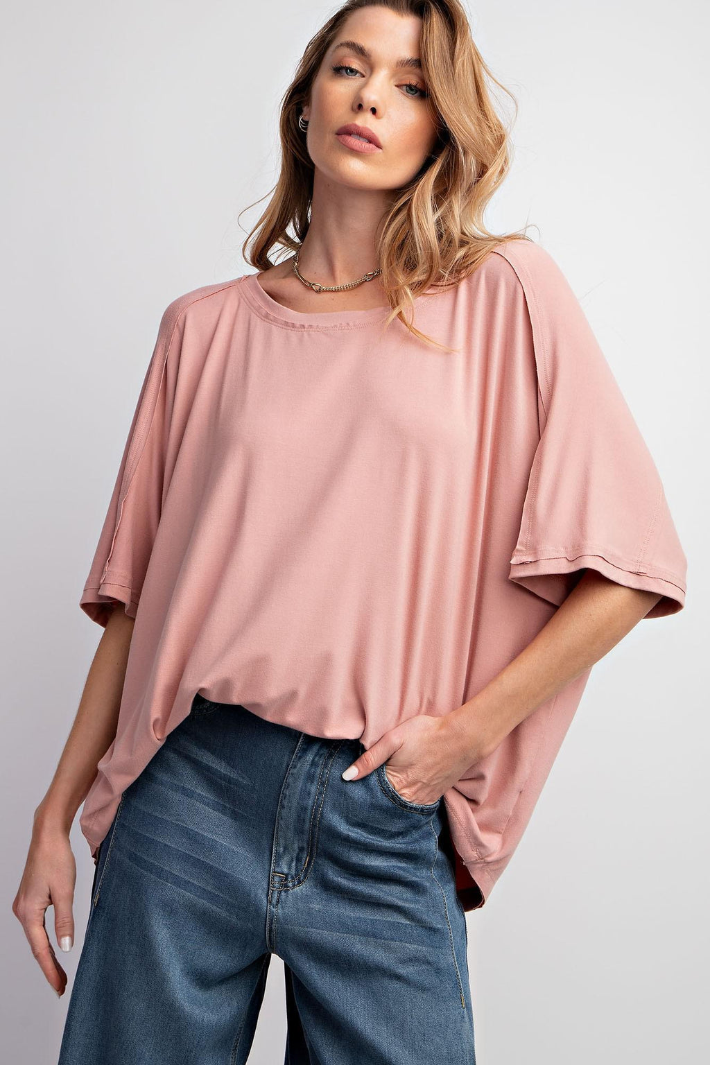 Faded Coral Washed Rayon Knit Tunic Top