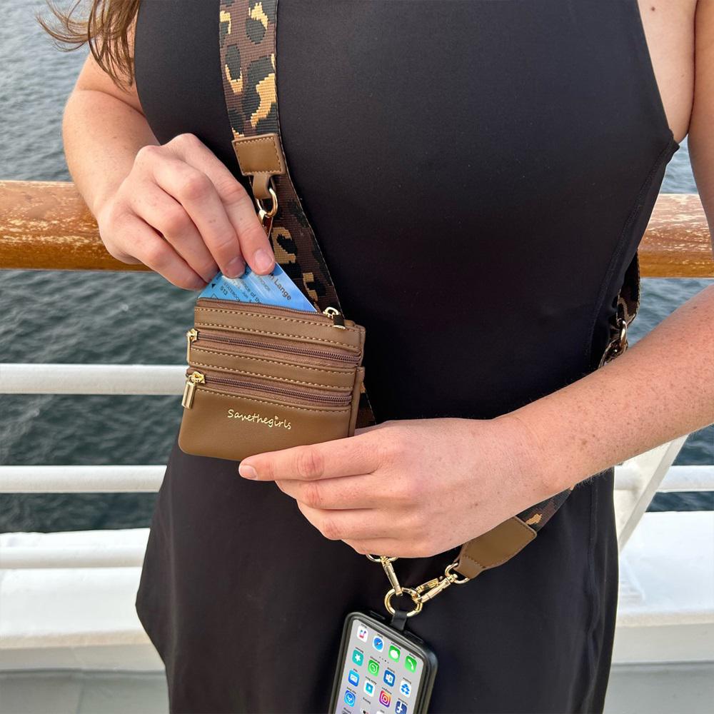 Brown/Gold Leopard Clip & Go Crossbody Strap with Pouch by Save The Girls