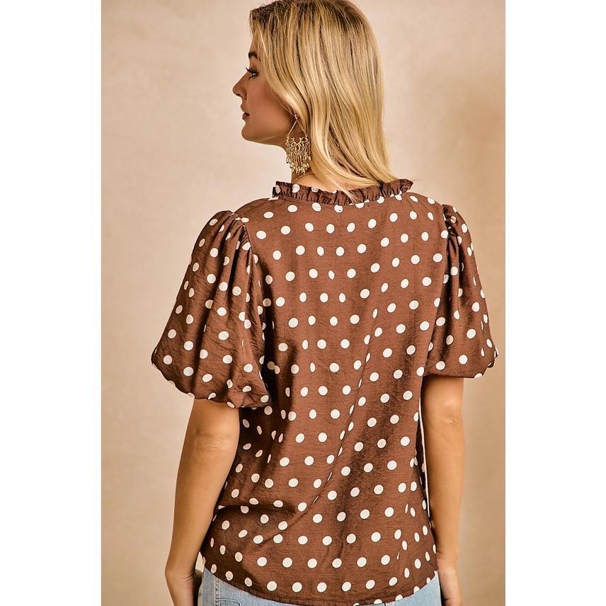Polka Dot Printed Woven Ruffled V Neck Top by BiBi