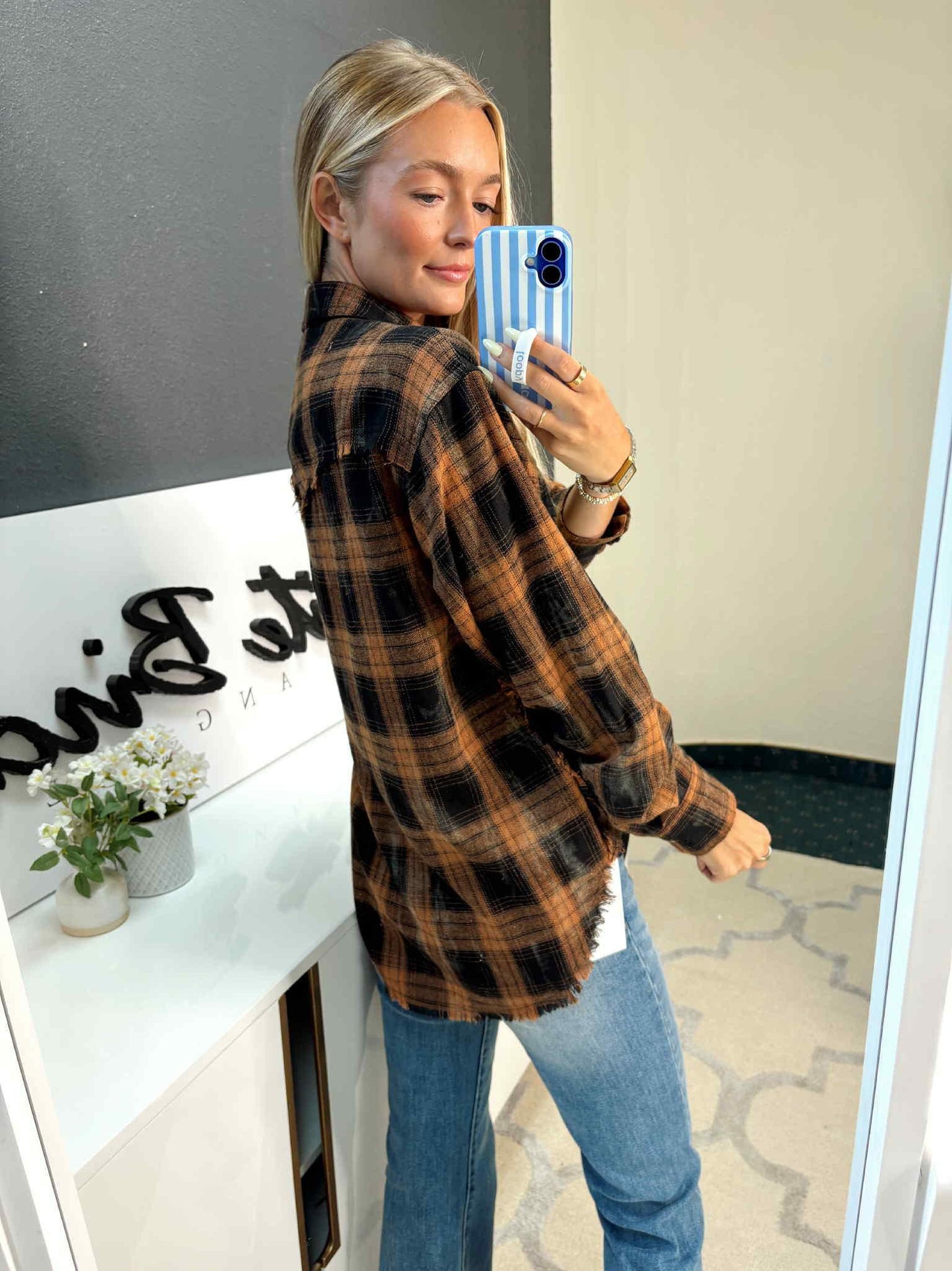 Black & Brown Plaid Top Featuring Distressed Hem by White Birch