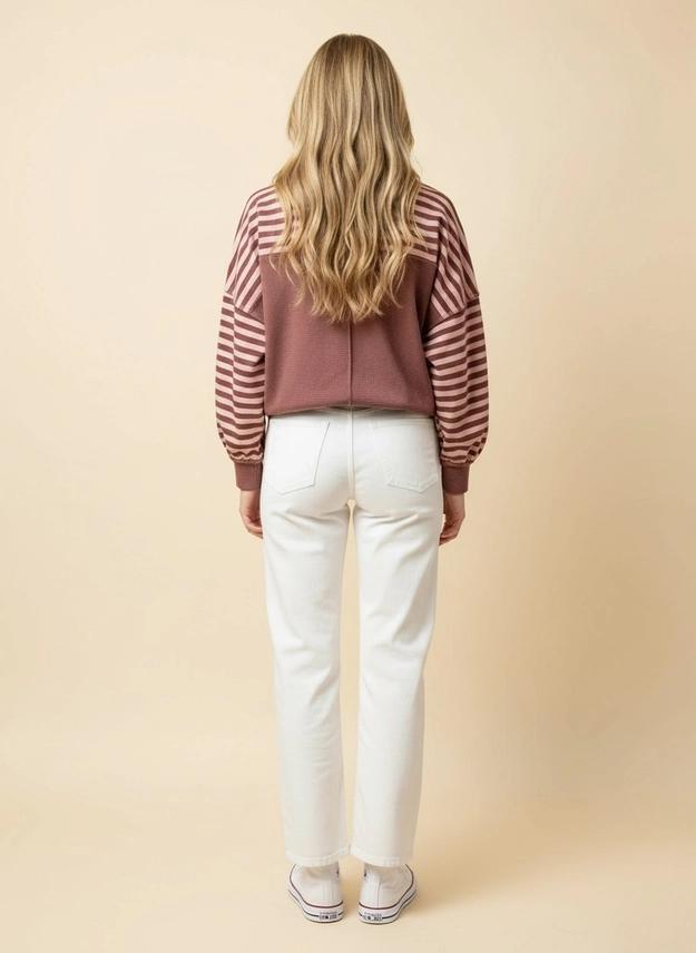 Mauve & Pink Striped Drop-Shoulder Pullover Sweatshirt by Heimish