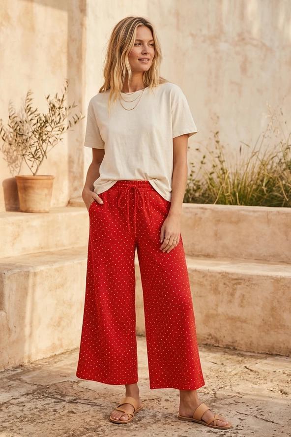 Red & White Relaxed Polka Dot Wide Leg Pants