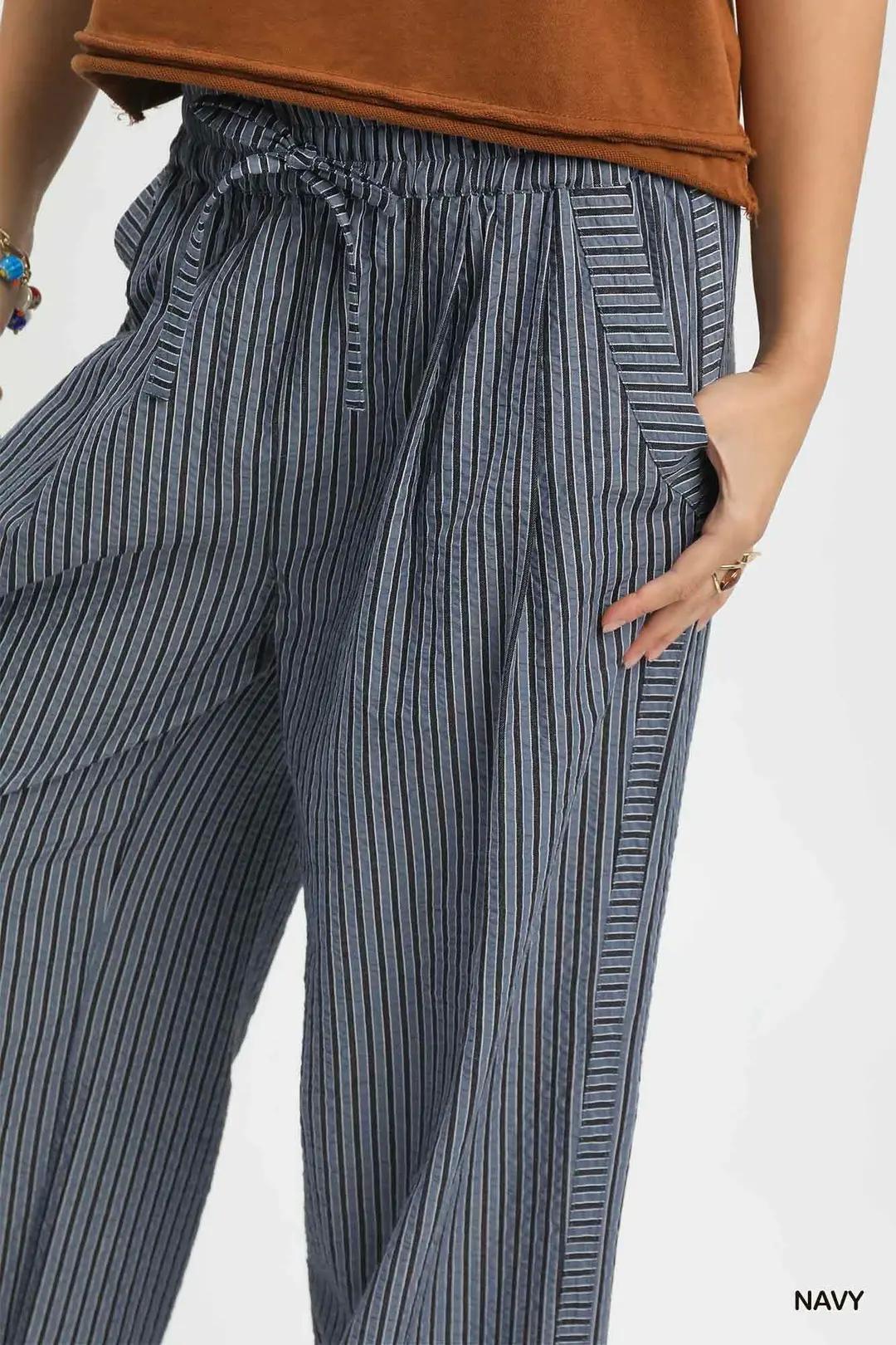 Navy Striped Wide-Leg Pants