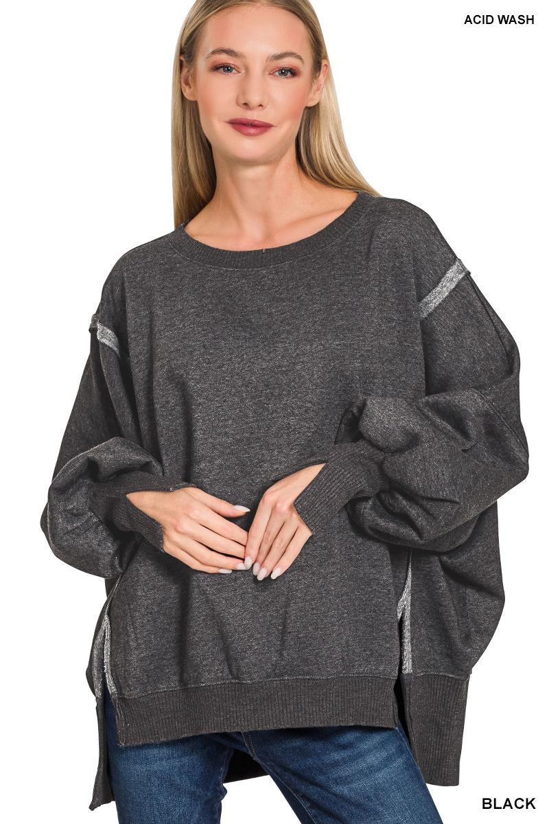Black Oversized Acid Wash Batwing Sleeve Sweatshirt by Zenana