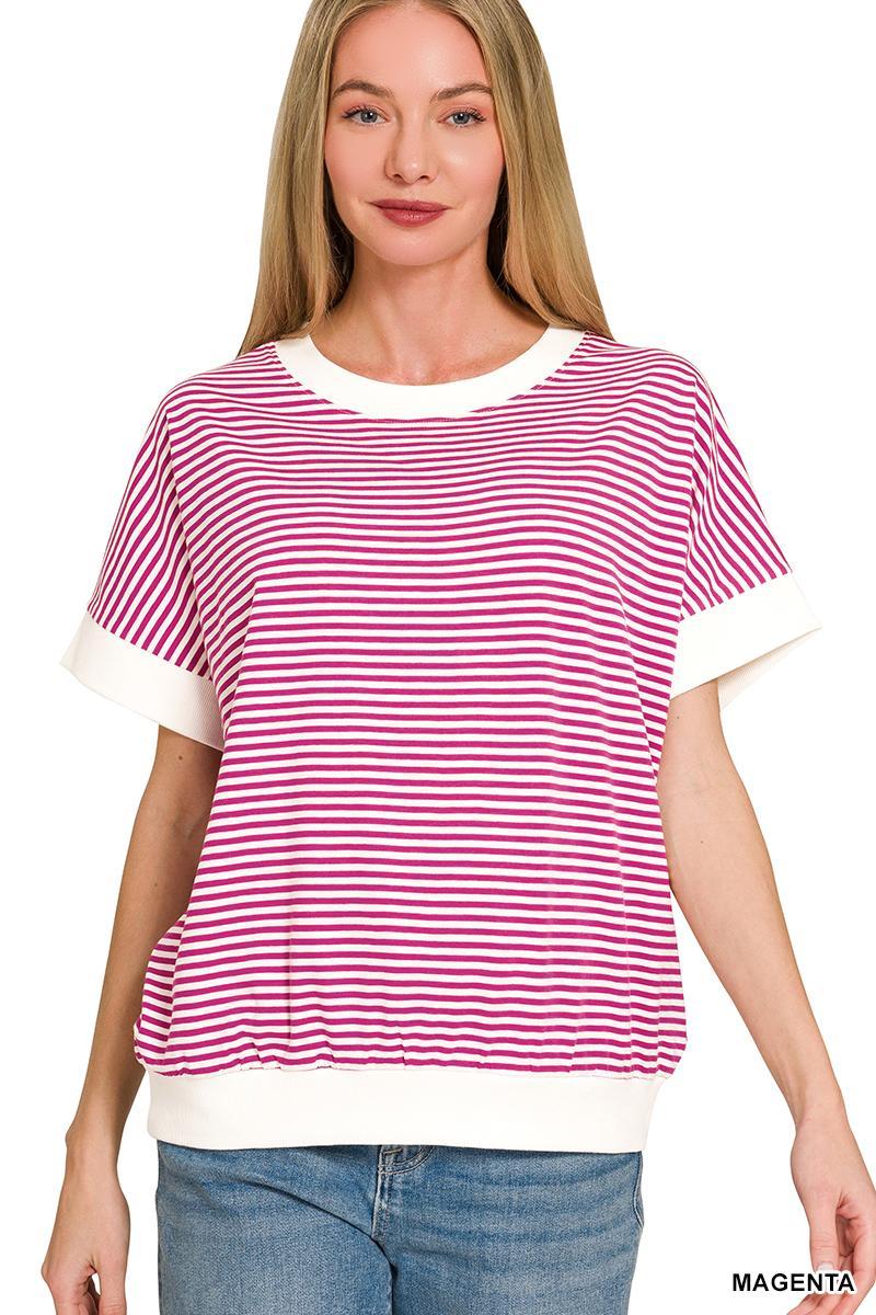 Magenta Stripe Contrast Trim Ribbed Banded Top