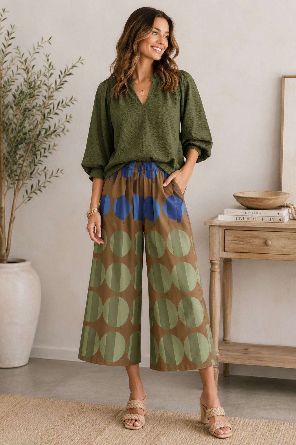 Split V Neck Olive Top Featuring Balloon Sleeves by Umgee