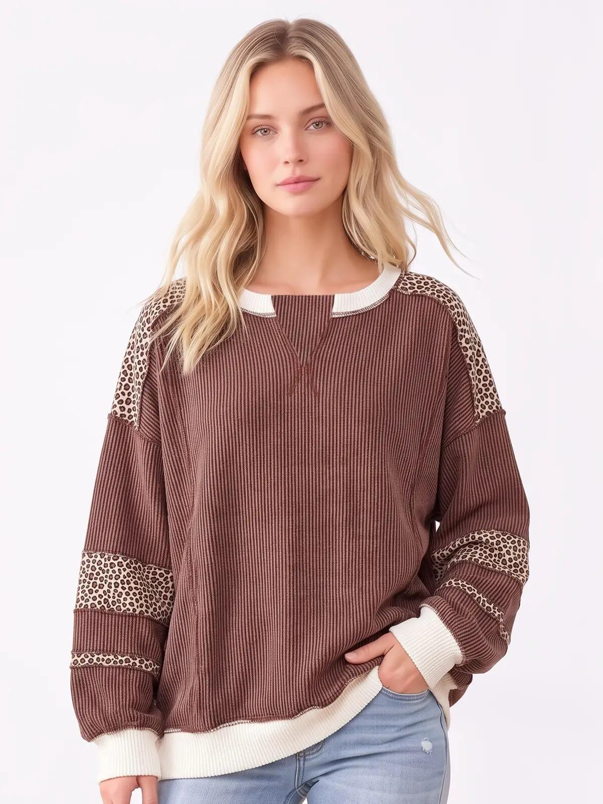 Brown Leopard Print Color Block Ribbed Sweatshirt by 7th Ray - T6508