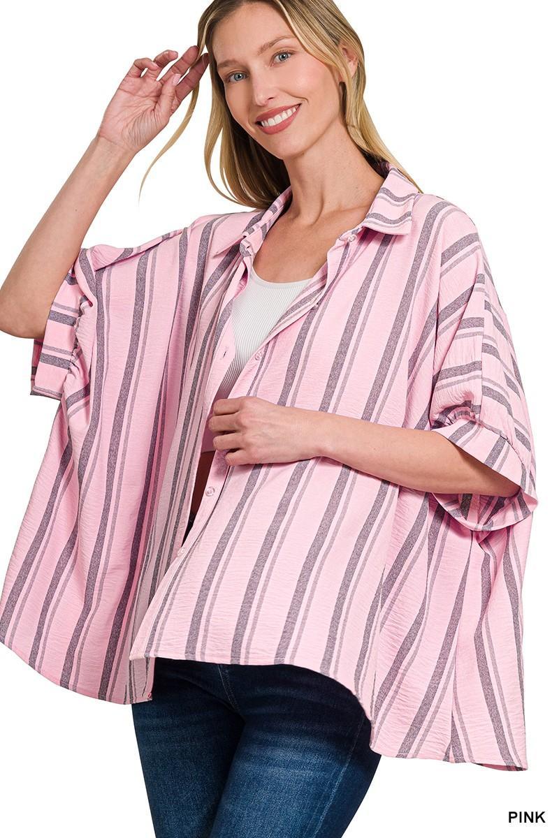 Pink Classic Stripe Button Down Top by Zenana