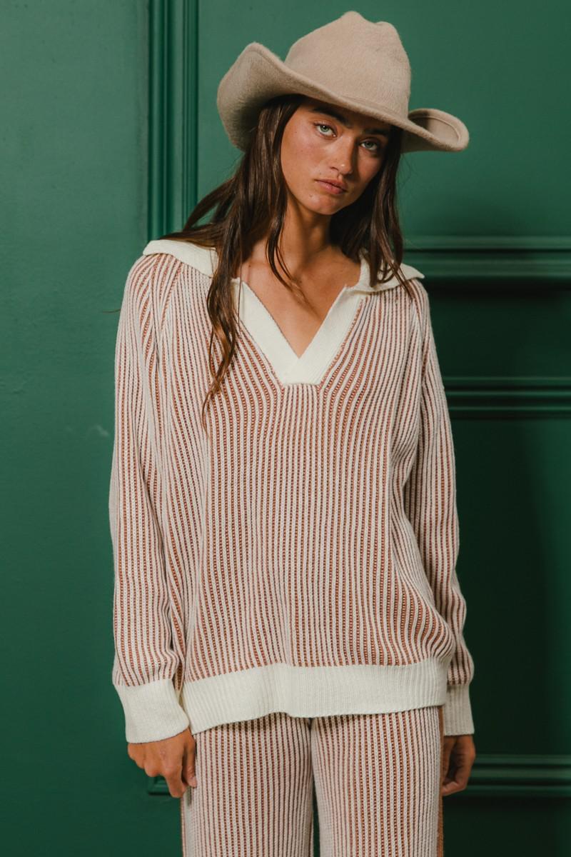 Ivory & Cinnamon Two Tone Ribbed Textured Sweater and Pants Set