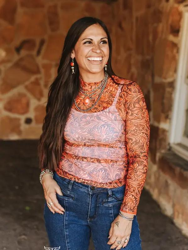 Tooled Long Sleeve Mesh Top