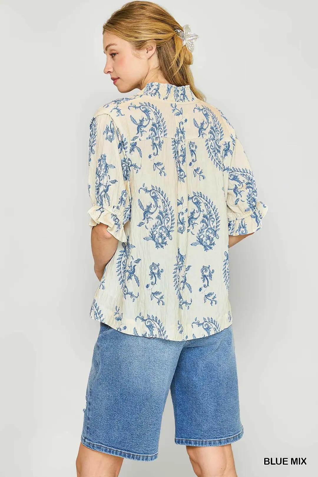 Blue Willow Vine Ruffle Trim Top by Umgee