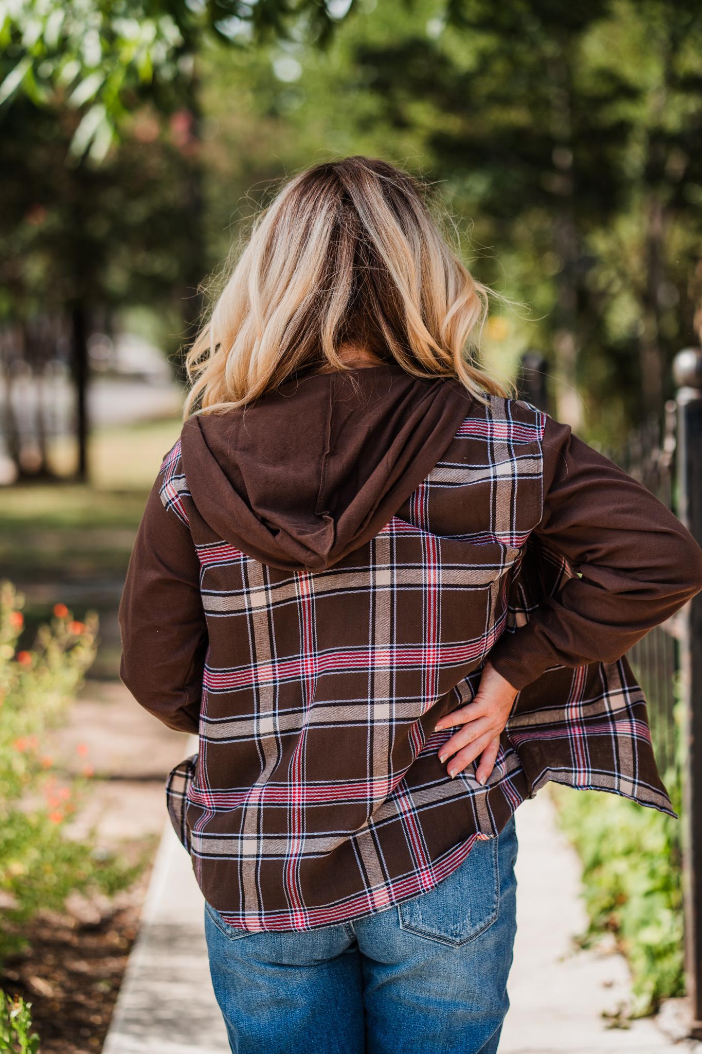 Brown and Red Plaid Hooded Flannel Shirt
