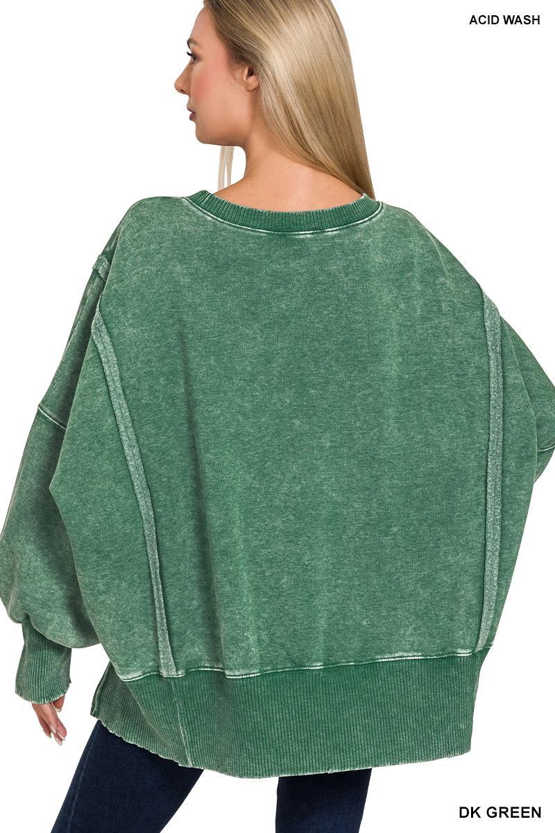 Green Oversized Acid Wash Batwing Sleeve Sweatshirt by Zenana