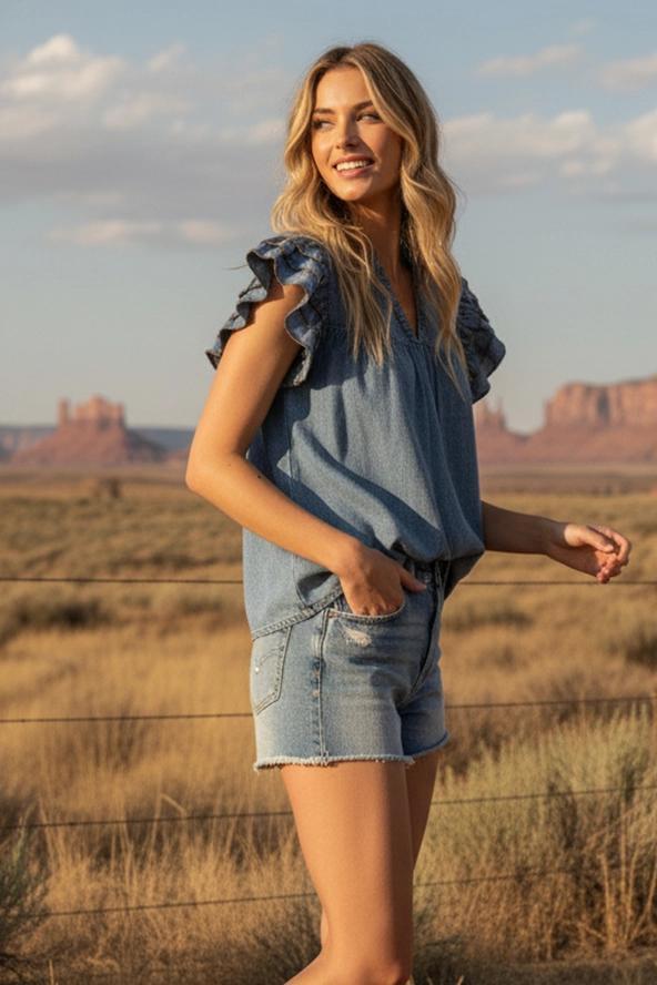 Denim Ruffle Sleeve Mineral Washed Top