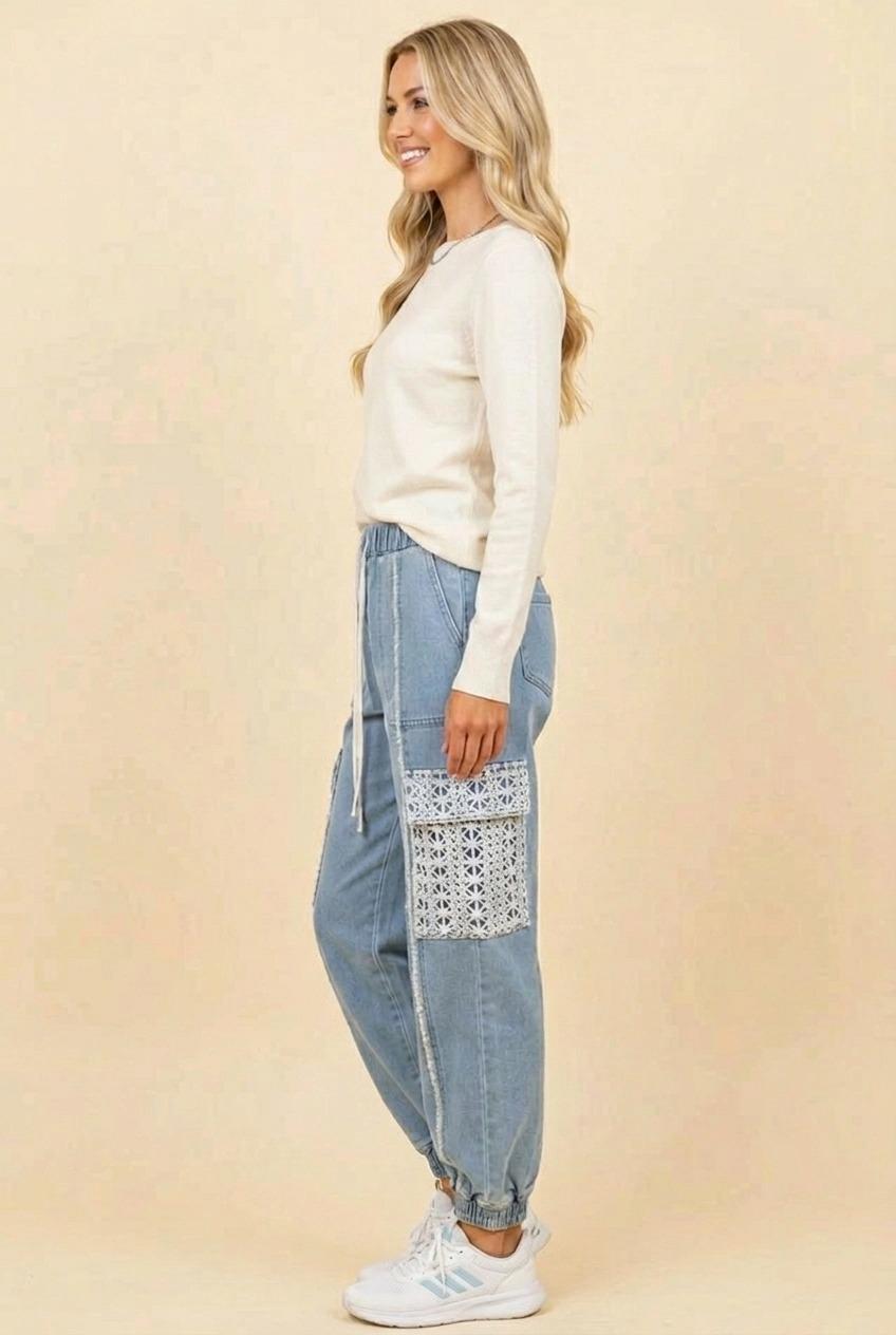 Denim Lace Pocket Drawstring Jogger Pants by Heimish