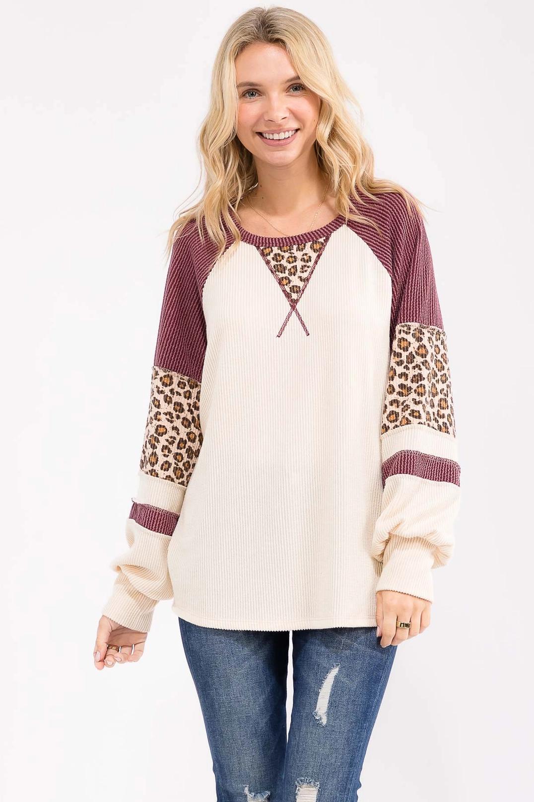 Burgundy Rib Knit Leopard Print Contrast Pullover Top