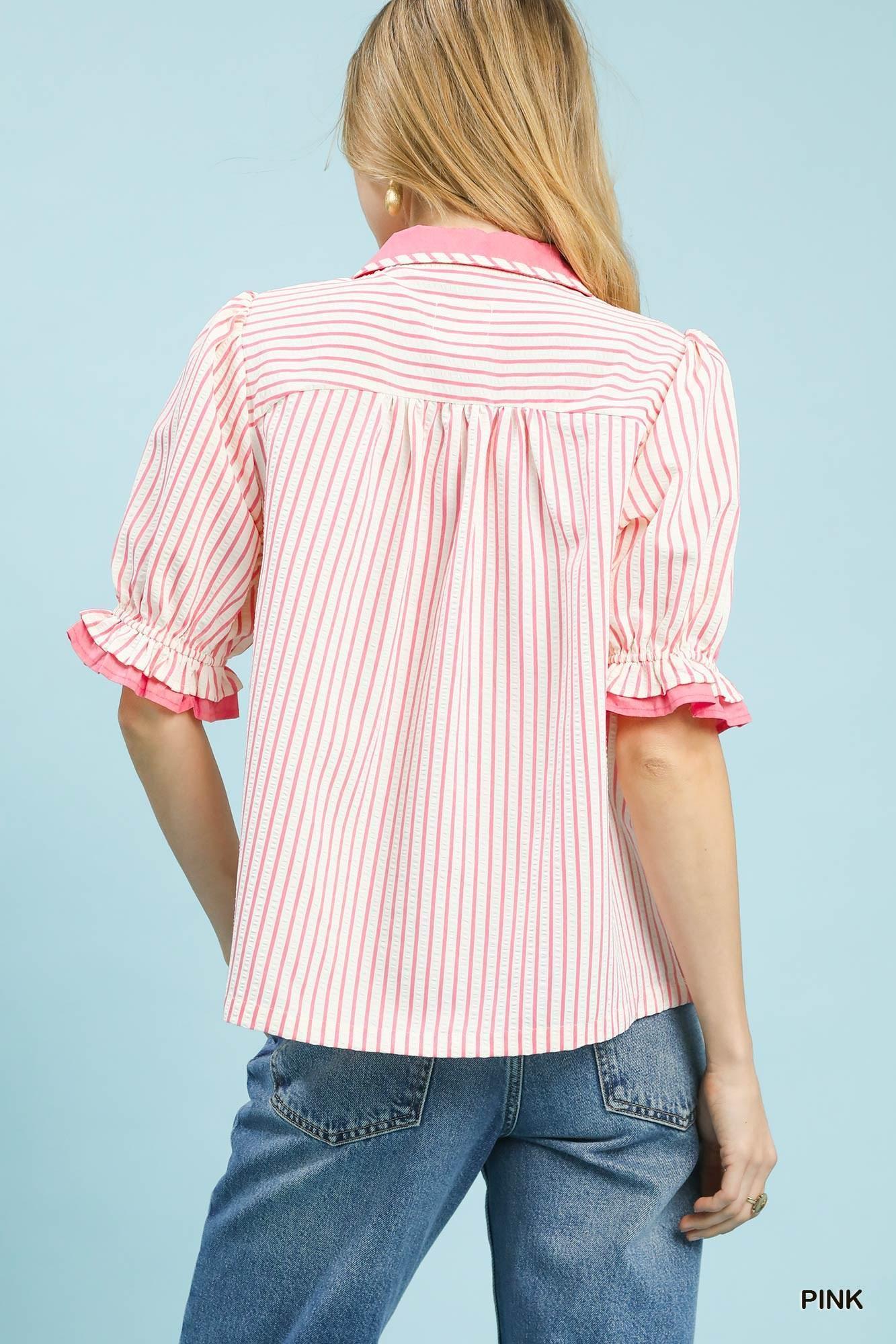 Pink Seersucker Stripe Ruffle Sleeve Top by Umgee