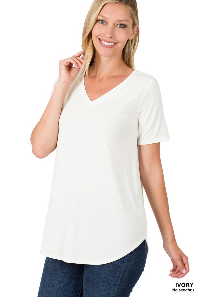 Ivory Short Sleeve V-Neck Round Hem Top