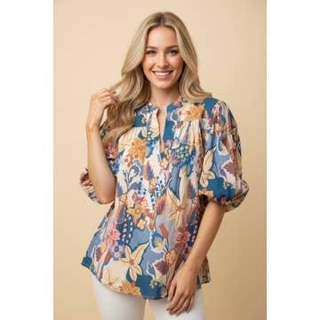 Floral Puff Sleeve Split Dusty Blue Neck Top