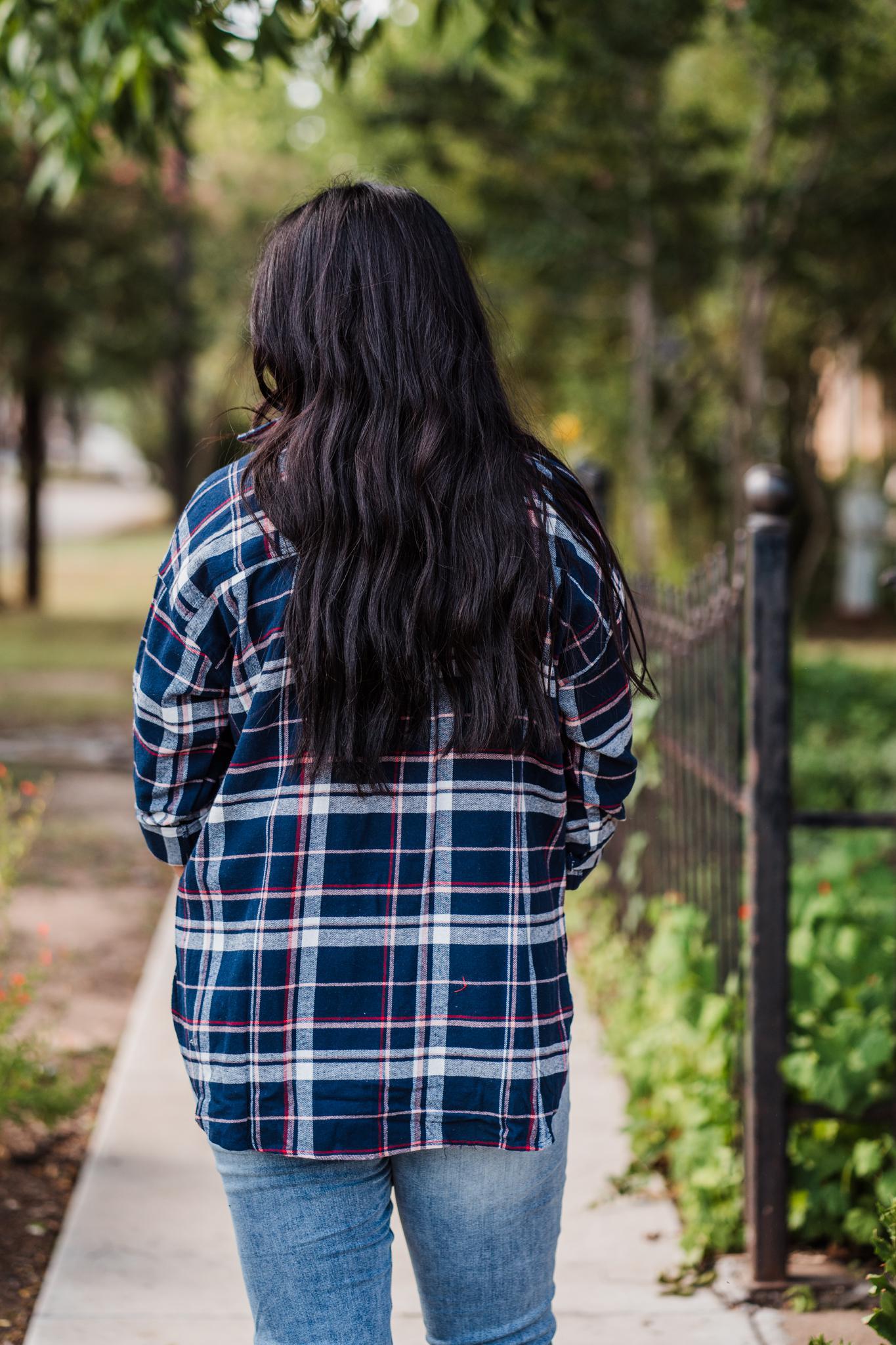 Navy and Pink Plaid Flannel Shirt