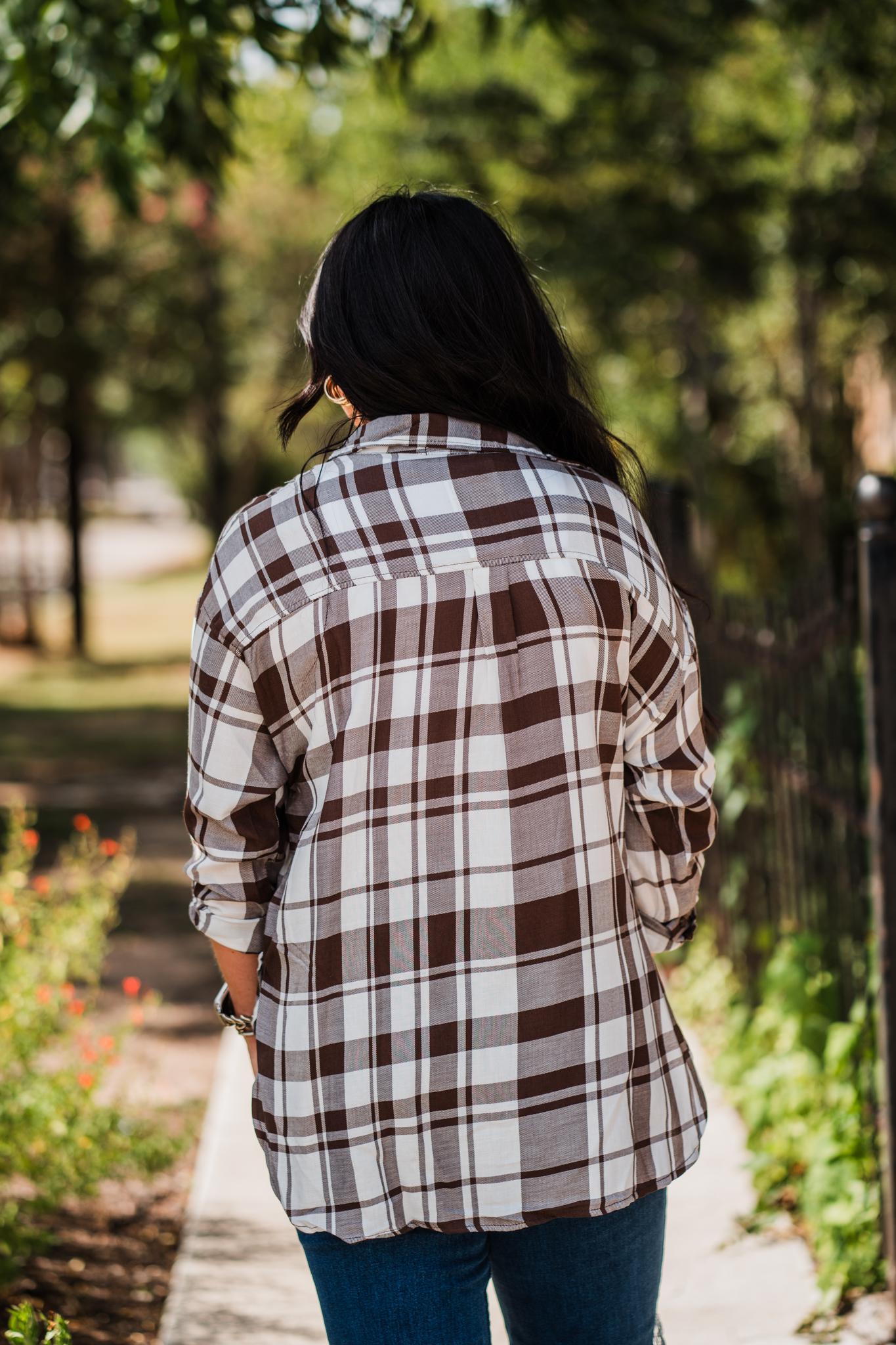 Brown and White Lightweight Plaid Button Shirt