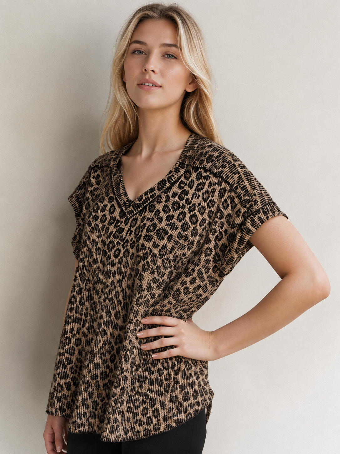Leopard Knit V-Neck Top by Heimish
