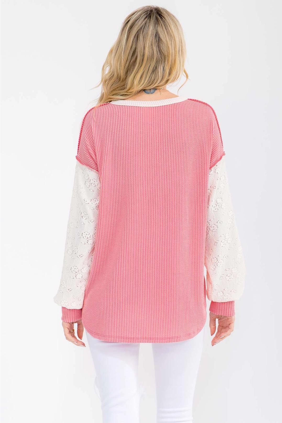 Coral Two Tone Rib Knit Lace Sleeve Henley Top