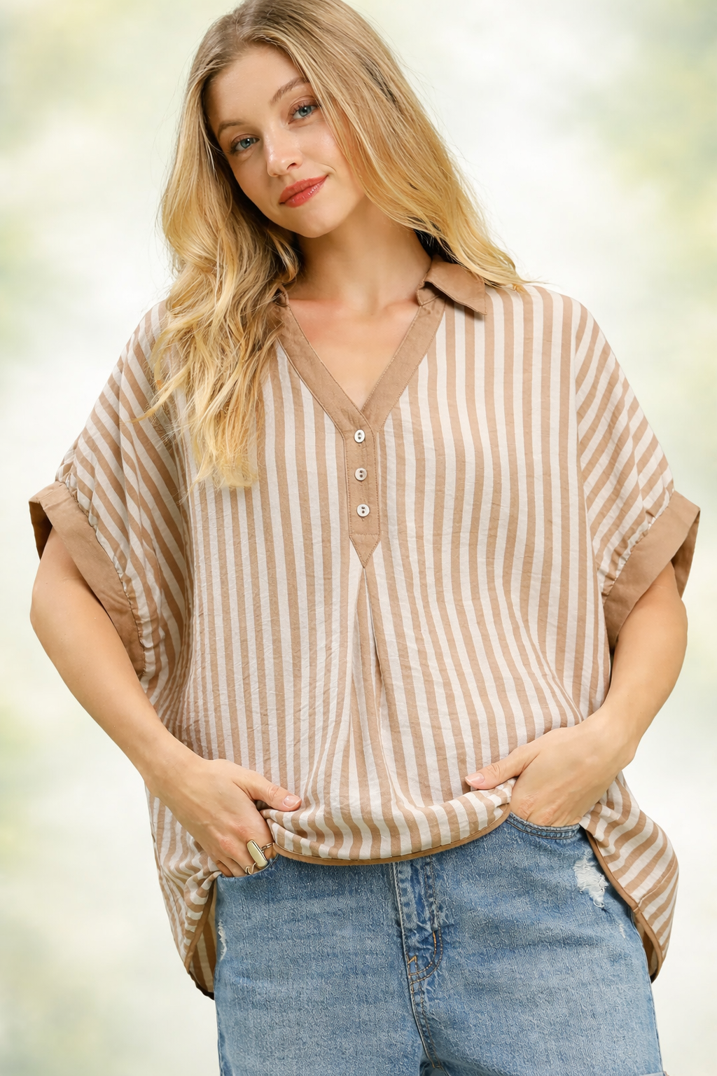 Latte Stripe Collared Overszie Top by Umgee