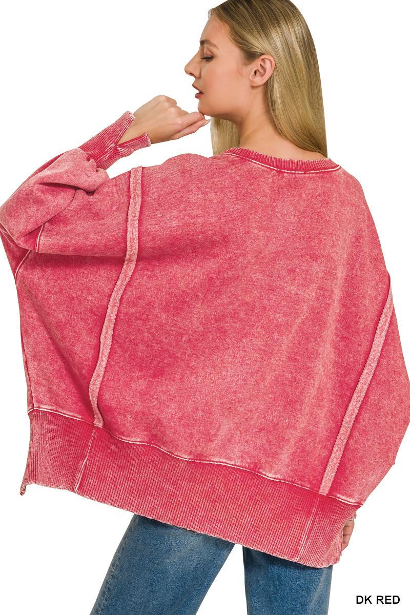 Dark Red Oversized Acid Wash Batwing Sleeve Sweatshirt by Zenana