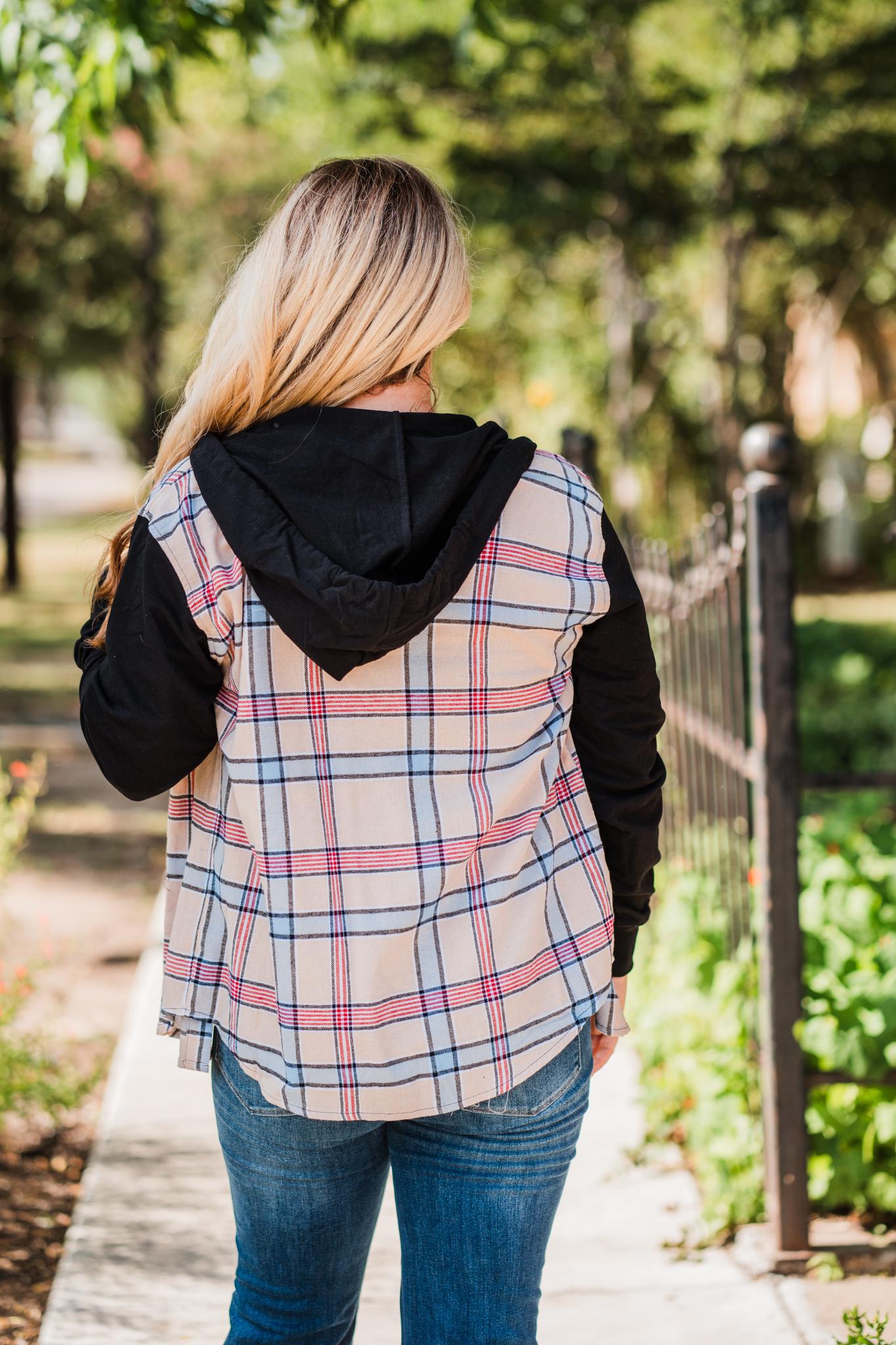Tan/Red/Blue Plaid Hooded Flannel Shirt