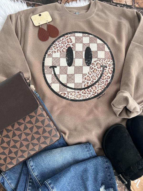 Checkered and Leopard Smiley Graphic (Tee Or Sweatshirt)
