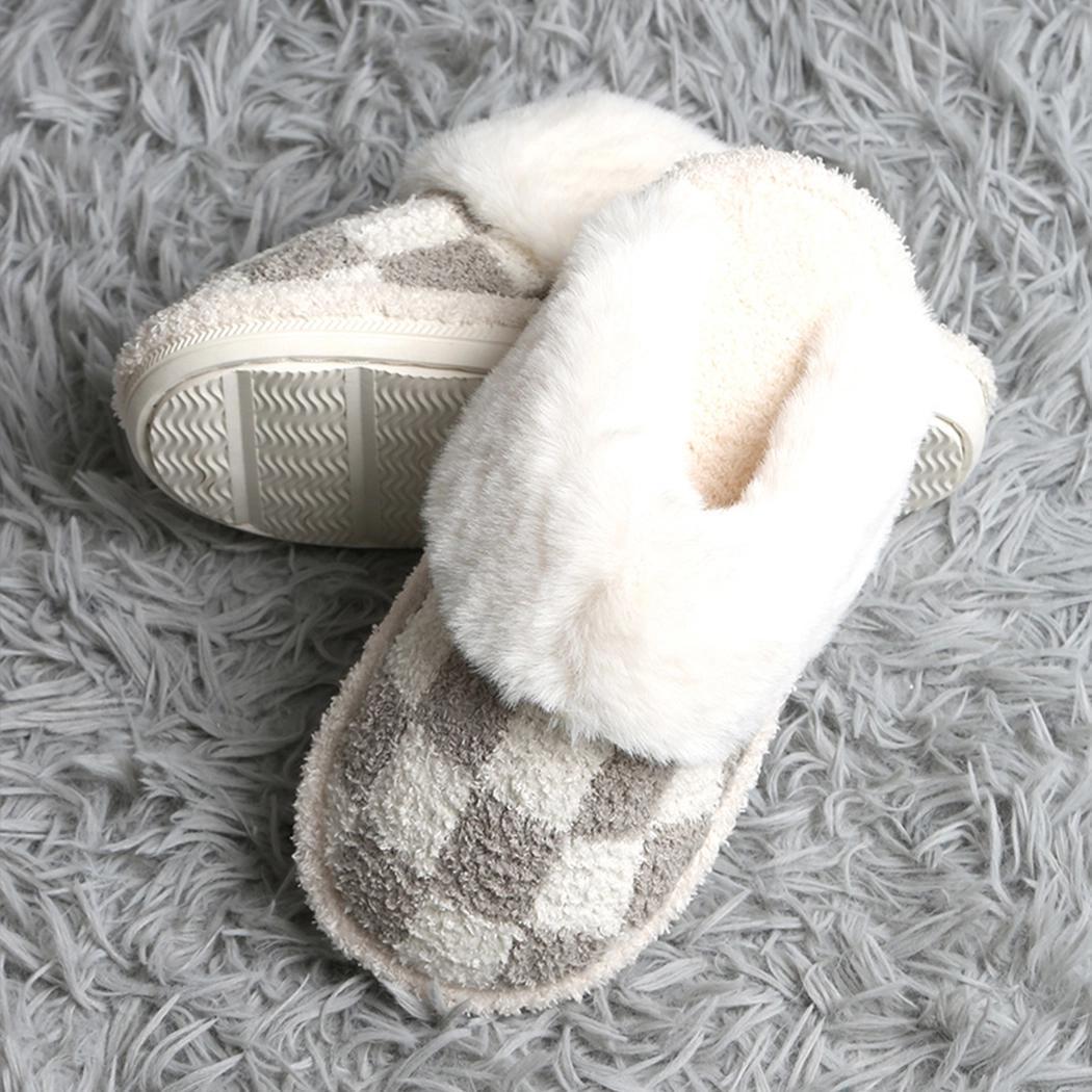 Grey Checkered Faux Fur Cuff Mule Luxury Soft Slipper