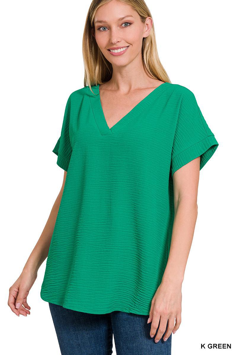 Kelly Green Woven V-Neck Hi-Low Hem Top