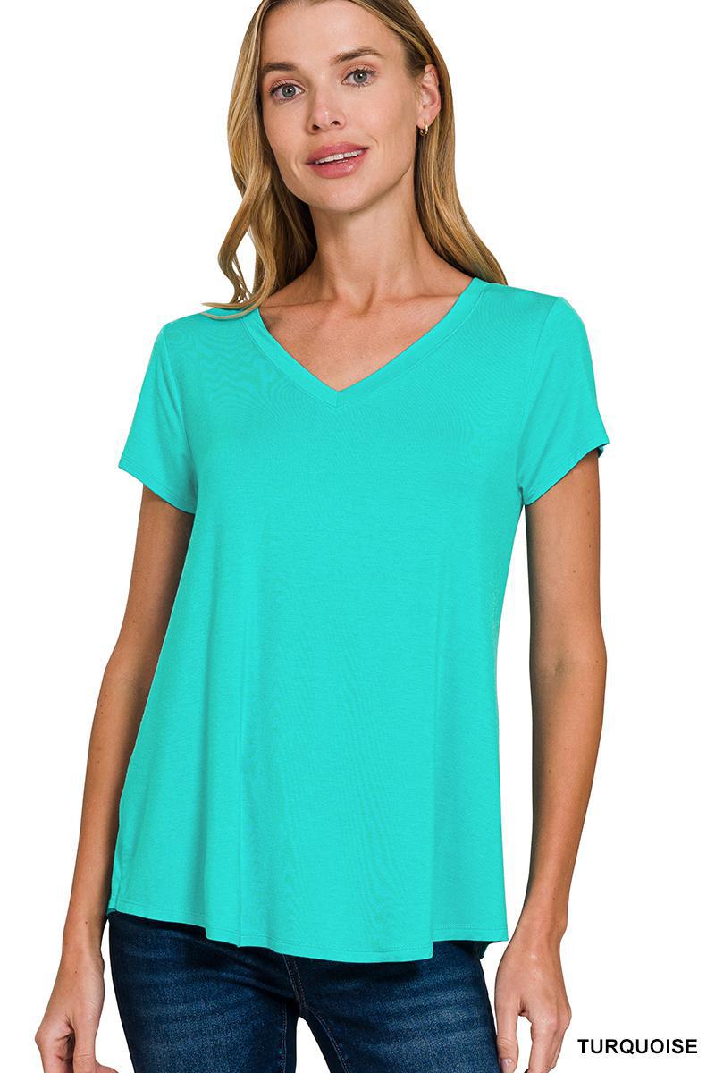 Turquoise Rayon Short Sleeve V-Neck Round Hem Top