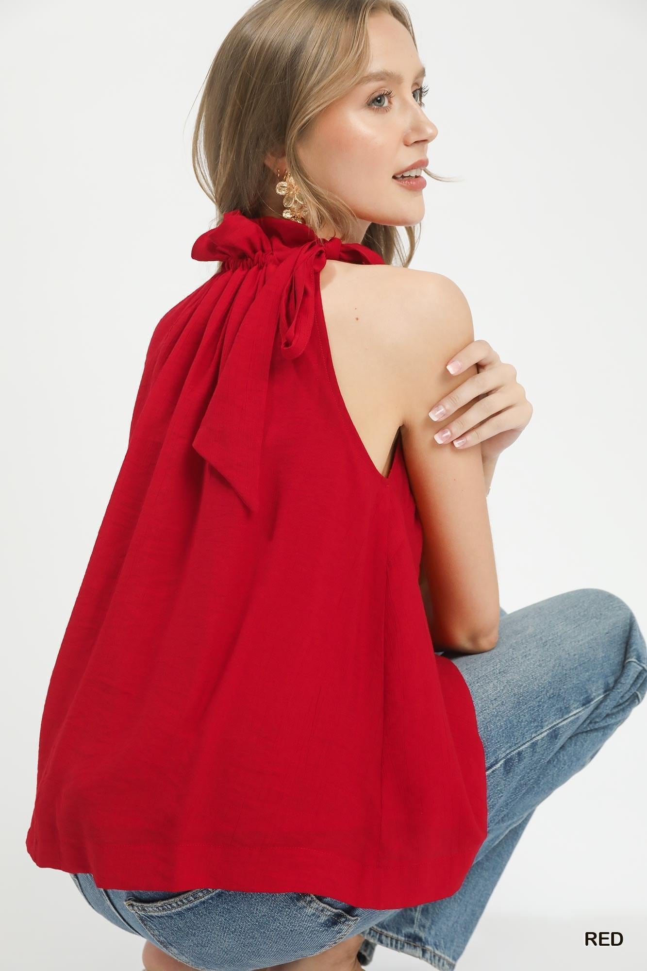 Red Tie-Neck Ruffle Halter Boho Top