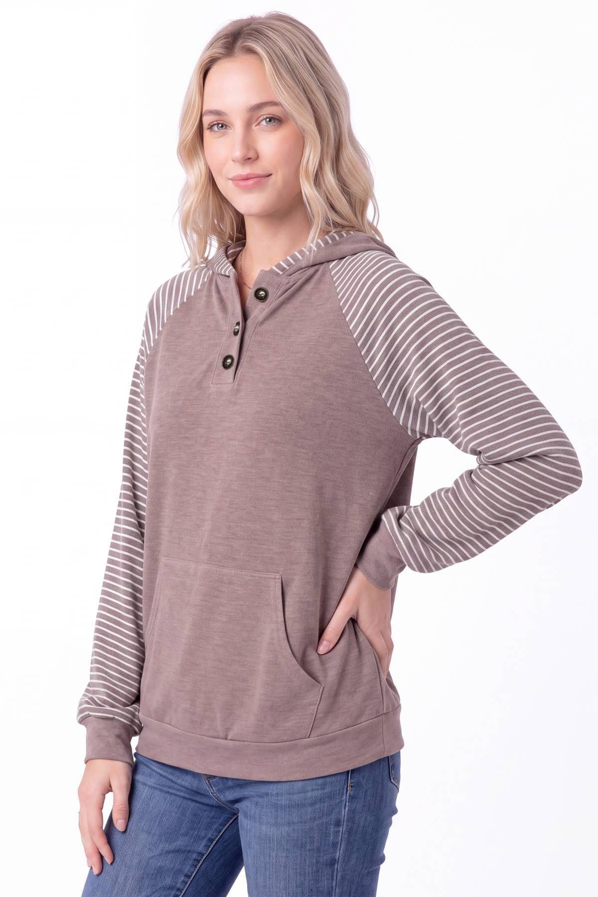 Striped Sleeve Hooded Henley Pullover | Women's Casual Hoodie by 7th Ray - T6474