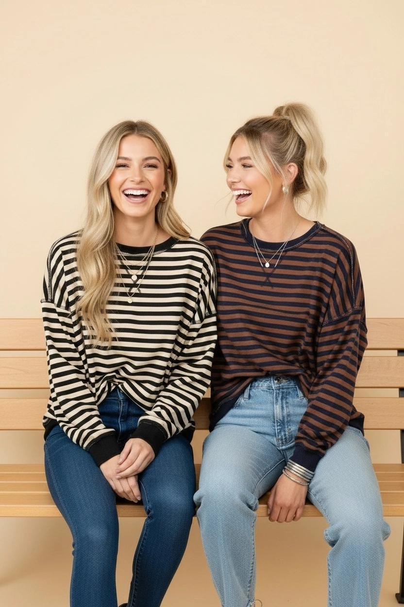 Black & Taupe Striped Drop-Shoulder Pullover Sweatshirt by Heimish (Photo Left Top)