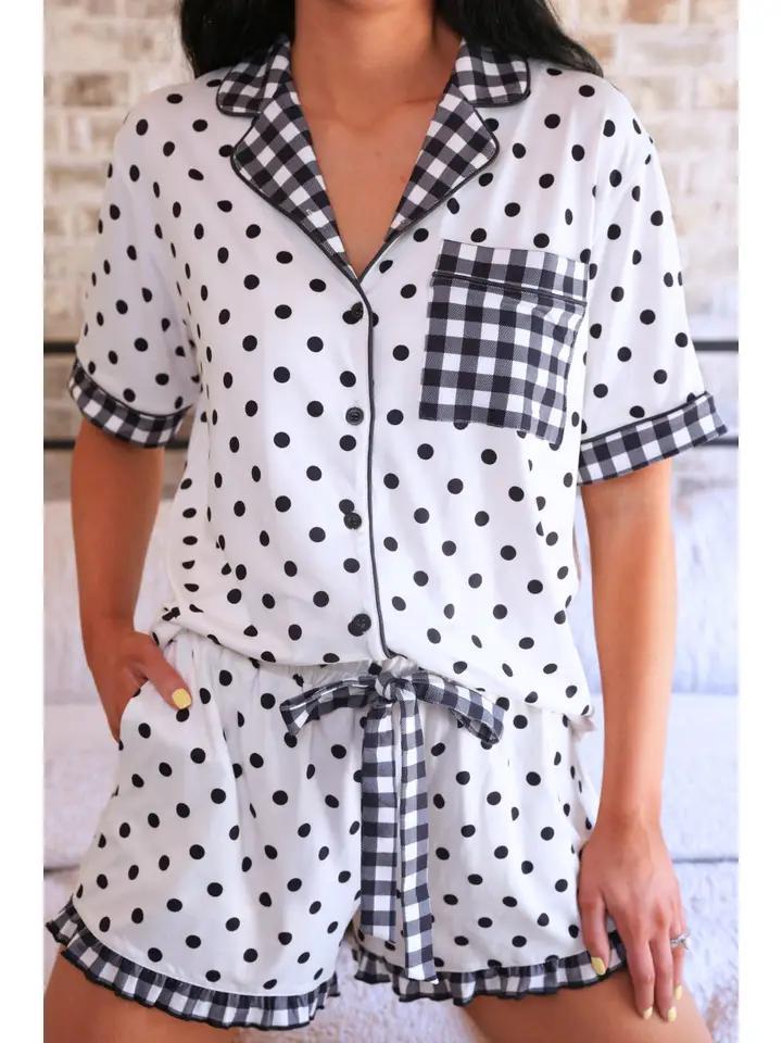 Gingham Polka Dot Ruffle Pajama Set - White & Black