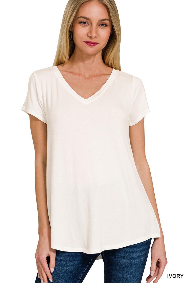 Ivory Rayon Short Sleeve V-Neck Round Hem Top