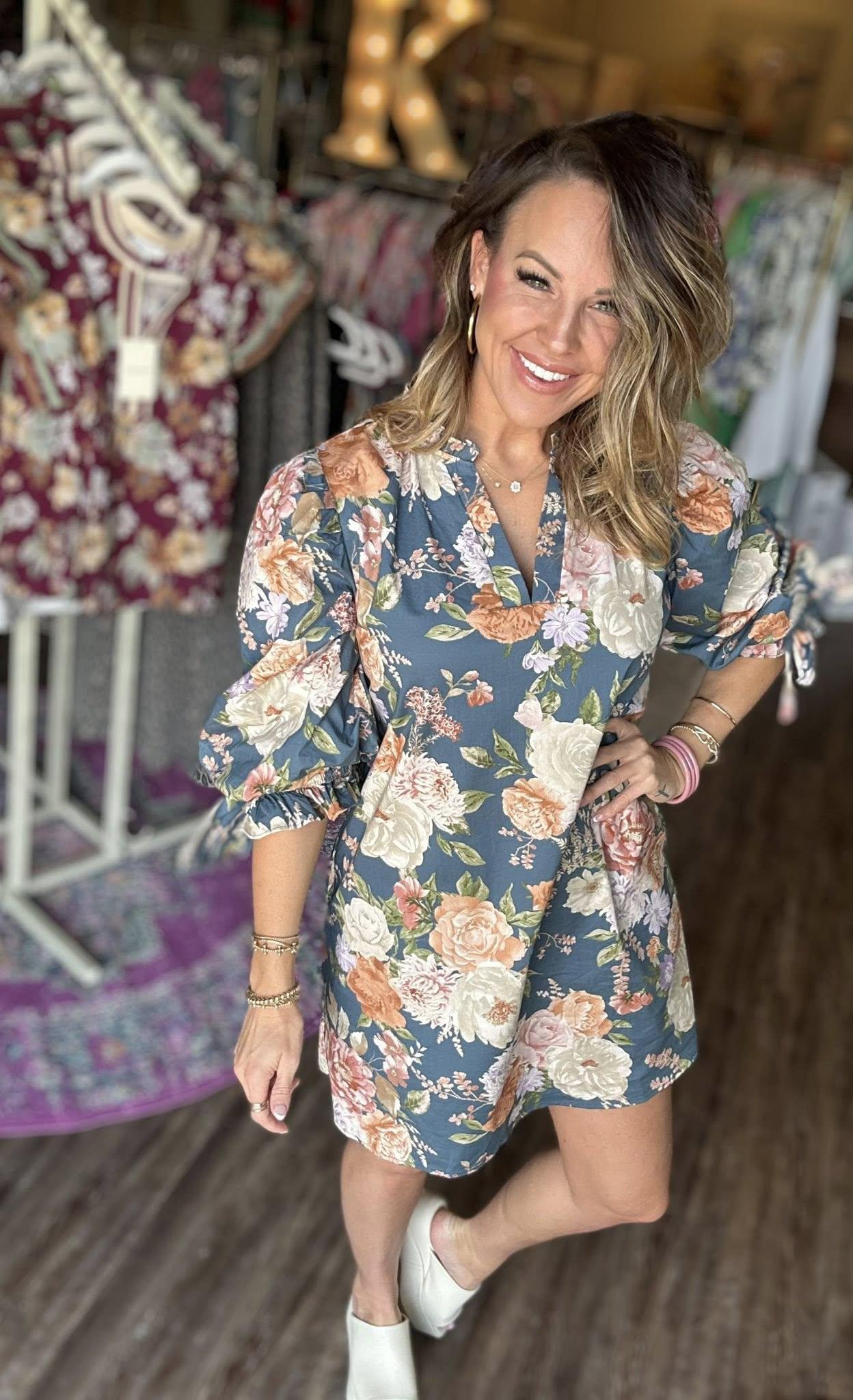 Slate Floral Bubble Sleeve Mini Dress by Entro Slate Floral Bubble Sleeve Mini Dress by Entro