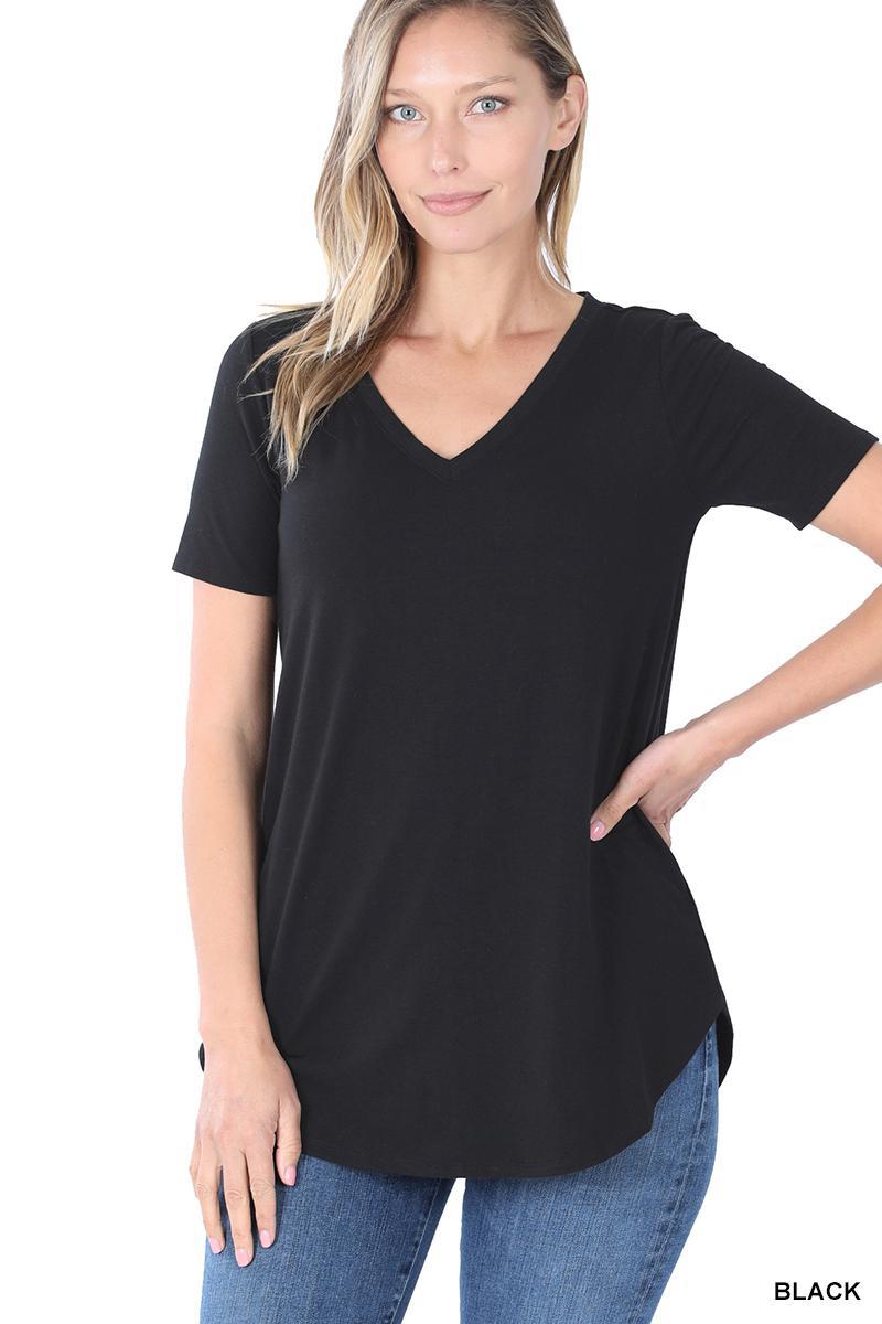 Black Short Sleeve V-Neck Round Hem Top