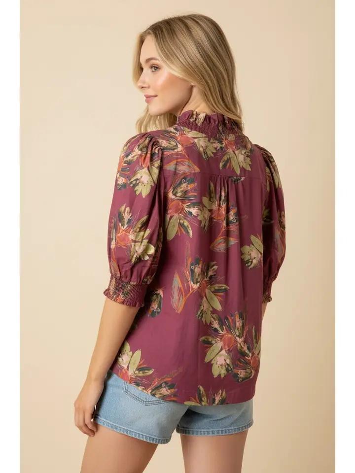 Floral Ruffle Trim Puff Sleeve V Neck Top by Heimish