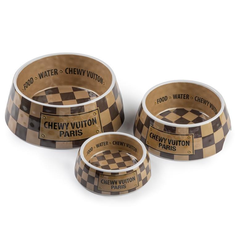 Tan Checker Chewy Vuiton Bowls by Haute Diggity D